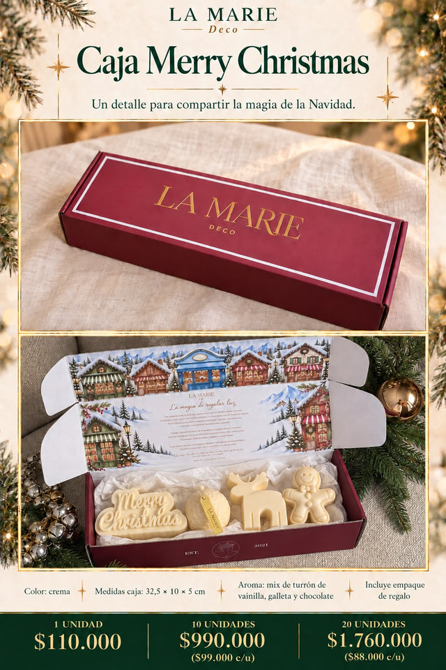 Velas de la Caja Merry Christmas sobre una mesa de Navidad