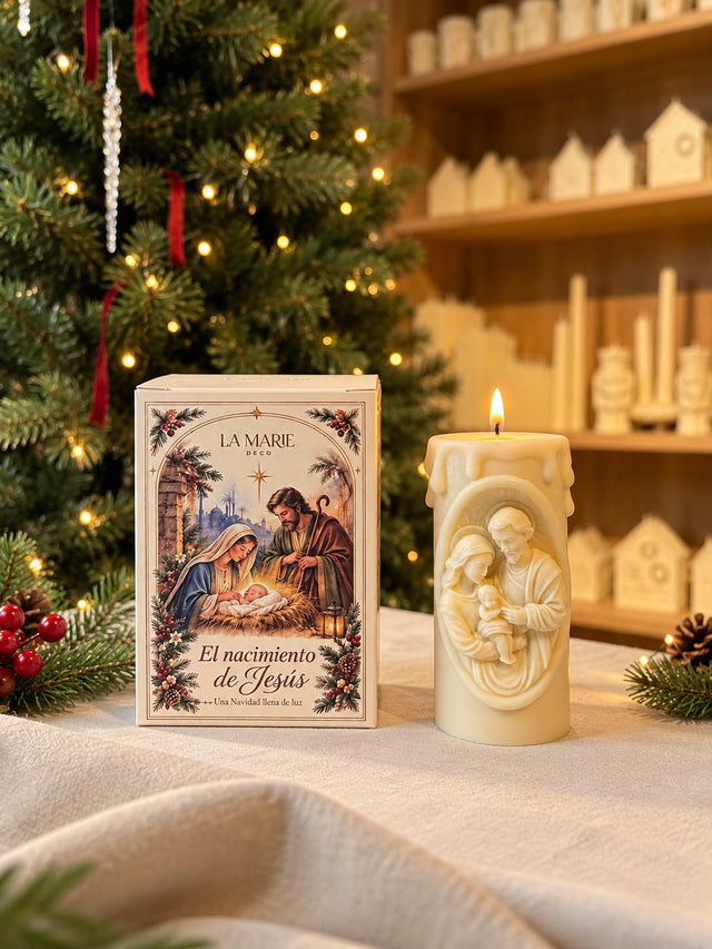 Vela Nacimiento de Jesús de La Marie junto a su caja navideña El nacimiento de Jesús