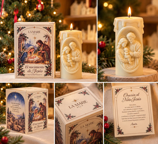 Vela Nacimiento de Jesús con la Sagrada Familia en relieve y su caja de regalo