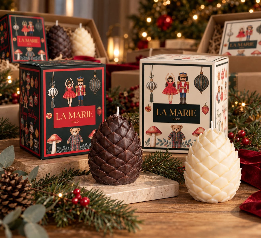Piñas de Invierno de La Marie, una en chocolate y una en crema, junto a sus cajas y ramas de pino